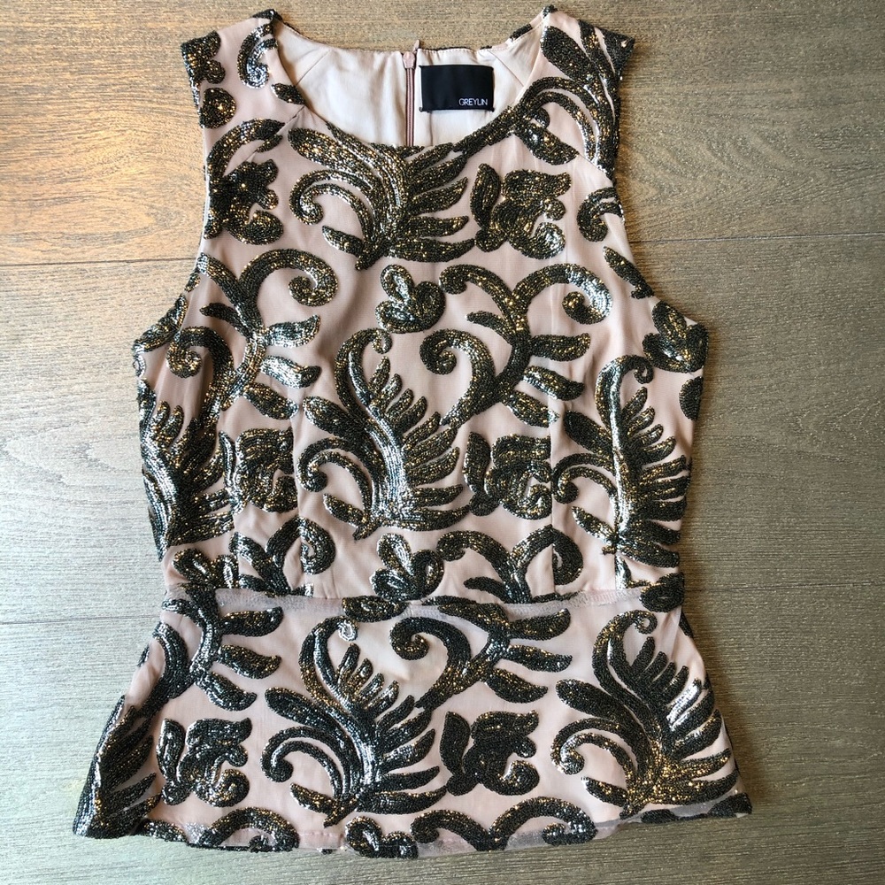 Greylin Metallic Brocade Peplum Top